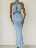 Momnfancy Elegant Cutout Bare Waist Backless Tie Back Bodycon Multi Way Holiday Evening Maternity Maxi Dress