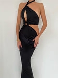 Momnfancy Elegant Cutout Bare Waist Backless Tie Back Bodycon Multi Way Holiday Evening Maternity Maxi Dress