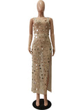 Momnfancy Beige Sequin Side Slit Fishnet Mesh Sheer Beach Cover Up Club Chic Photoshoot Baby Shower Maternity Maxi Dress