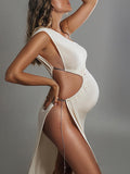 Momnfancy Apricot Belly Friendly Cut Out Side Slit Oblique Shoulder Photoshoot Babyshower Banquet Maternity Maxi Dress