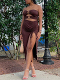 Momnfancy Fashion Brown Thigh High Side Slits Cutout Drawstring Ruffle Bodycon Babyshower Holiday Maternity Maxi Dress