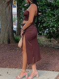 Momnfancy Fashion Brown Thigh High Side Slits Cutout Drawstring Ruffle Bodycon Babyshower Holiday Maternity Maxi Dress