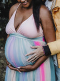 Momnfancy Tulle Rainbow Spaghetti Strap Backless High Waist Grenadine Baby Shower Gown Gender Reveal Maternity Maxi Dress