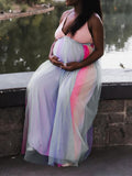 Momnfancy Tulle Rainbow Spaghetti Strap Backless High Waist Grenadine Baby Shower Gown Gender Reveal Maternity Maxi Dress