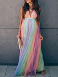 Momnfancy Tulle Rainbow Spaghetti Strap Backless High Waist Grenadine Baby Shower Gown Gender Reveal Maternity Maxi Dress