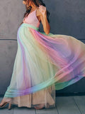 Momnfancy Tulle Rainbow Spaghetti Strap Backless High Waist Grenadine Baby Shower Gown Gender Reveal Maternity Maxi Dress