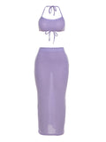 Momnfancy Purple 2-in-1 Crop Bodycon Spaghetti Strap Halter Neck Lace Up Backless Halter Neck Fashion Baby Shower Maternity Maxi Dress