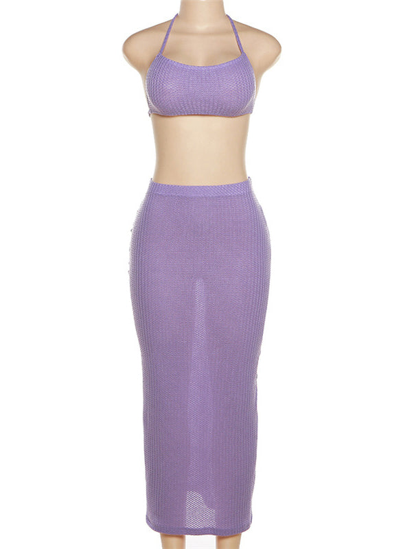 Momnfancy Purple 2-in-1 Crop Bodycon Spaghetti Strap Halter Neck Lace Up Backless Halter Neck Fashion Baby Shower Maternity Maxi Dress