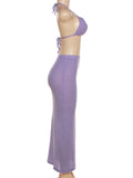 Momnfancy Purple 2-in-1 Crop Bodycon Spaghetti Strap Halter Neck Lace Up Backless Halter Neck Fashion Baby Shower Maternity Maxi Dress
