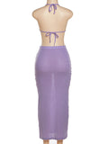 Momnfancy Purple 2-in-1 Crop Bodycon Spaghetti Strap Halter Neck Lace Up Backless Halter Neck Fashion Baby Shower Maternity Maxi Dress