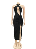 Momnfancy Black Cut Out High Side Slit Ruched Drawstring Halter Neck Bodycon Photoshoot Gown Maternity Maxi Dress