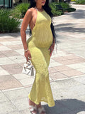 Momnfancy Backless Halter Neck Chic Bodycon Vacation Beach Photoshoot Baby Shower Maternity Maxi Dress