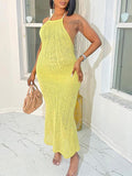 Momnfancy Backless Halter Neck Chic Bodycon Vacation Beach Photoshoot Baby Shower Maternity Maxi Dress