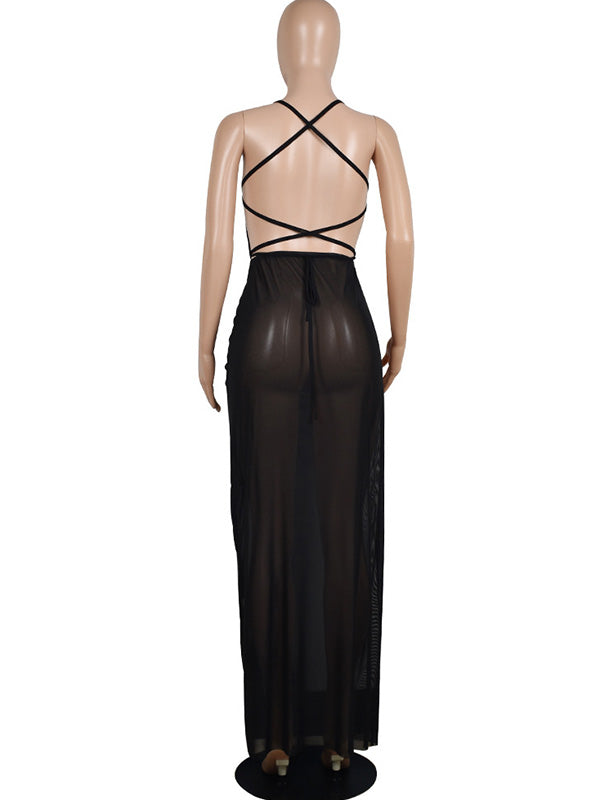 Momnfancy Black Mesh Cross Back Backless Cascading Ruffle Sude Slit Plus Size Photoshoot Maternity Maxi Dress