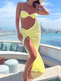 Momnfancy Solid Color Spaghetti Strap Drawstring Irregular Ruffle Crop Cut Out Photoshoot Vacation Maternity Maxi Dress