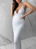 Momnfancy White Spaghetti Straps Ruched Backless Bodycon Deep V-neck Elegant Gowns Baby Shower Maternity Maxi Dress