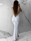 Momnfancy White Spaghetti Straps Ruched Backless Bodycon Deep V-neck Elegant Gowns Baby Shower Maternity Maxi Dress
