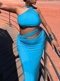 Momnfancy Blue Cut Out Irregular Beading Backless Bodycon Sleeveless Fashion Gowns Baby Shower Maternity Maxi Dress