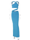 Momnfancy Blue Cut Out Irregular Beading Backless Bodycon Sleeveless Fashion Gowns Baby Shower Maternity Maxi Dress