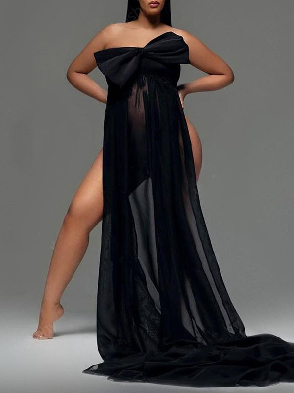 Momnfancy Bow Sheer Side Slit Off Shoulder Backless Photoshoot Maternity Maxi Dress