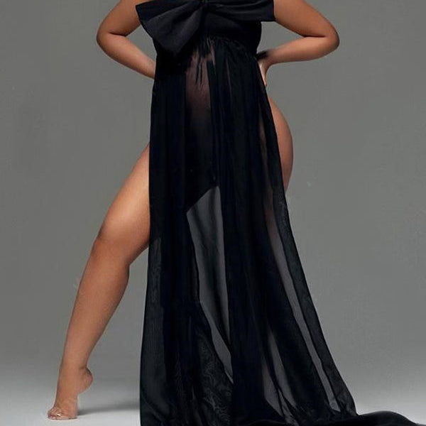 Momnfancy Bow Sheer Side Slit Off Shoulder Backless Photoshoot Maternity Maxi Dress