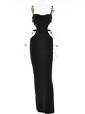 Momnfancy Black Chic Cutout Bare Waist Hollow Back Slit Studded Bodycon Party Babyshower Maternity Maxi Dress