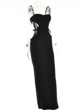 Momnfancy Black Chic Cutout Bare Waist Hollow Back Slit Studded Bodycon Party Babyshower Maternity Maxi Dress
