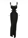 Momnfancy Black Chic Cutout Bare Waist Hollow Back Slit Studded Bodycon Party Babyshower Maternity Maxi Dress