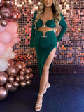 Momnfancy Green Chic 2-in-1 Bare Waist Studded Crop Thigh High Side Slits Irregular Babyshower Party Maternity Maxi Dress