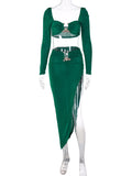 Momnfancy Green Chic 2-in-1 Bare Waist Studded Crop Thigh High Side Slits Irregular Babyshower Party Maternity Maxi Dress