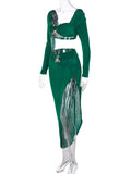 Momnfancy Green Chic 2-in-1 Bare Waist Studded Crop Thigh High Side Slits Irregular Babyshower Party Maternity Maxi Dress