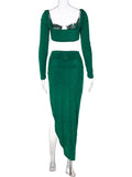 Momnfancy Green Chic 2-in-1 Bare Waist Studded Crop Thigh High Side Slits Irregular Babyshower Party Maternity Maxi Dress