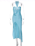 Momnfancy Cut Out Ruched Side Slit Drawstring Halter Neck Chic Bodycon Photoshoot Baby Shower Maternity Maxi Dress