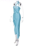 Momnfancy Cut Out Ruched Side Slit Drawstring Halter Neck Chic Bodycon Photoshoot Baby Shower Maternity Maxi Dress