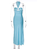 Momnfancy Cut Out Ruched Side Slit Drawstring Halter Neck Chic Bodycon Photoshoot Baby Shower Maternity Maxi Dress