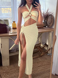 Momnfancy Cut Out Ruched Side Slit Drawstring Halter Neck Chic Bodycon Photoshoot Baby Shower Maternity Maxi Dress