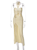 Momnfancy Cut Out Ruched Side Slit Drawstring Halter Neck Chic Bodycon Photoshoot Baby Shower Maternity Maxi Dress