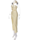 Momnfancy Cut Out Ruched Side Slit Drawstring Halter Neck Chic Bodycon Photoshoot Baby Shower Maternity Maxi Dress