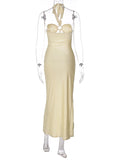 Momnfancy Cut Out Ruched Side Slit Drawstring Halter Neck Chic Bodycon Photoshoot Baby Shower Maternity Maxi Dress