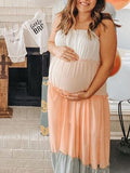 Momnfancy Off Shoulder Ruffle Spaghetti Strap  Splicing Hit Color Flowy Boho Cute Baby Shower Maternity Maxi Dress