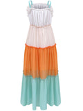 Momnfancy Off Shoulder Ruffle Spaghetti Strap  Splicing Hit Color Flowy Boho Cute Baby Shower Maternity Maxi Dress