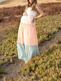 Momnfancy Off Shoulder Ruffle Spaghetti Strap  Splicing Hit Color Flowy Boho Cute Baby Shower Maternity Maxi Dress