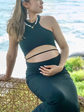 Momnfancy Black Chic Back Slit Cutout Open Belly Crop Bodycon Halter Neck Party Holiday Maternity Maxi Dress