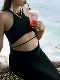 Momnfancy Black Chic Back Slit Cutout Open Belly Crop Bodycon Halter Neck Party Holiday Maternity Maxi Dress