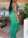 Momnfancy Cut Out Spaghetti Strap Grenadine Ruched Bodycon Halter Neck Backless Bandeau Elegant Holiday Photoshoot Maternity Maxi Dress