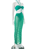 Momnfancy Cut Out Spaghetti Strap Grenadine Ruched Bodycon Halter Neck Backless Bandeau Elegant Holiday Photoshoot Maternity Maxi Dress