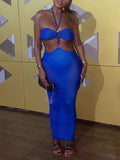 Momnfancy Cut Out Spaghetti Strap Grenadine Ruched Bodycon Halter Neck Backless Bandeau Elegant Holiday Photoshoot Maternity Maxi Dress
