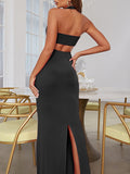 Momnfancy Irregular Cut Out Crop Slit Halter Neck Backless Mermaid Elegant Evening Gown Maternity Photoshoot Baby Shower Party Maxi Dress