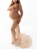 Momnfancy Champagne Tulle Mesh Sheer Mermaid Elegant Bodycon Photoshoot Maternity Maxi Dress