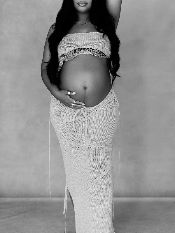 Momnfancy Grey 2 Pieces Tube Mesh Tie Slit Drawstring Chic Bodycon Photoshoot Baby Shower Maternity Maxi Dress